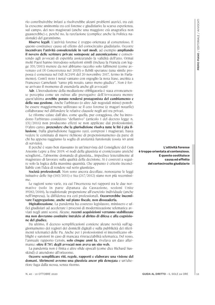 Editoriale di Guida al Diritto, Sole 24 ore, di Aldo Berlinguer pagina 2